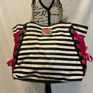 Betsey Johnson Striped Tote Bag - Black, White, Pink